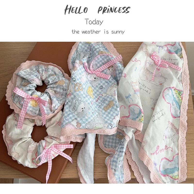 Women's Scrunchie Headscarf Korean Sweet Style Fun Plaid Dog Cat Triangle Scarf Cute Lace Headband Hair Accessory Combination