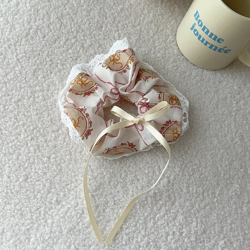 Women's Scrunchie Headscarf Korean Sweet Style Fun Plaid Dog Cat Triangle Scarf Cute Lace Headband Hair Accessory Combination