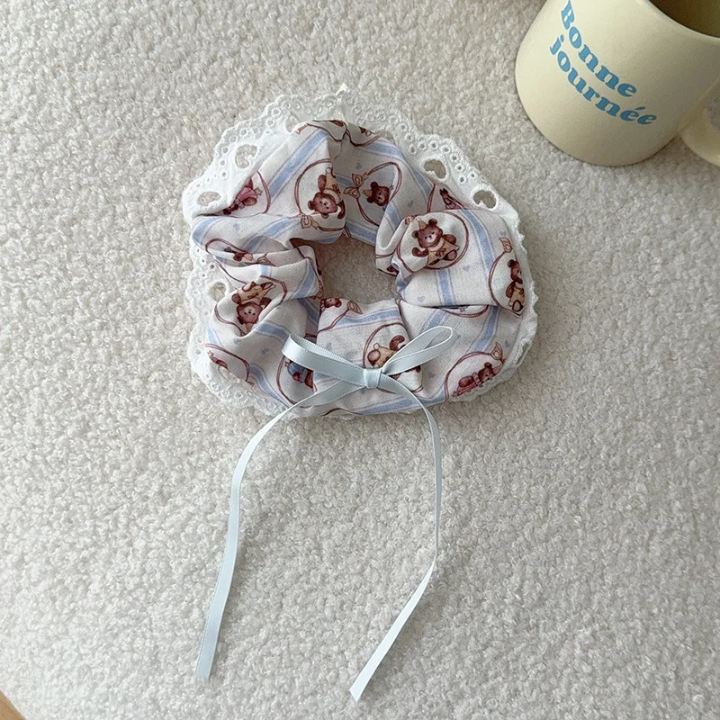 Women's Scrunchie Headscarf Korean Sweet Style Fun Plaid Dog Cat Triangle Scarf Cute Lace Headband Hair Accessory Combination