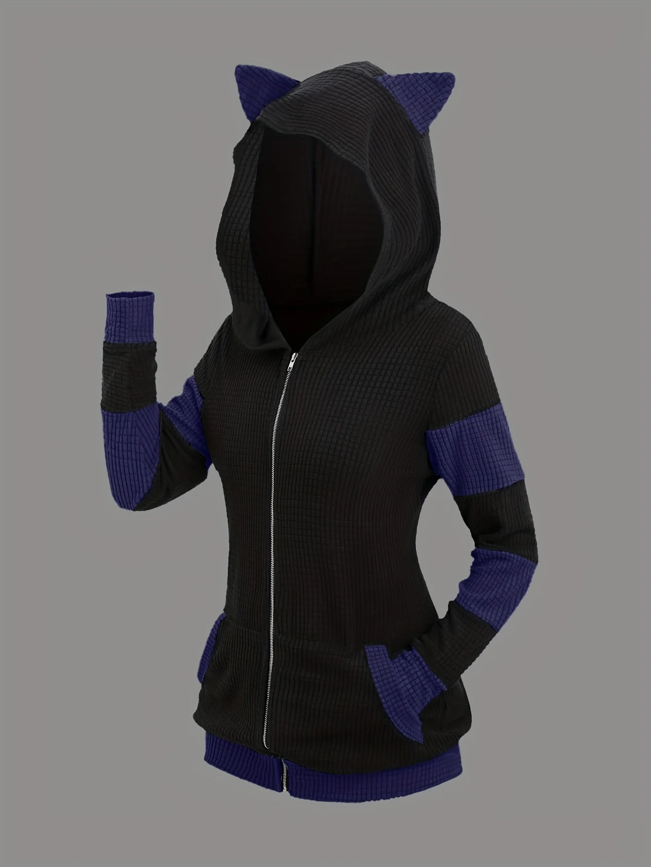 2024 European and American Fashion Women's New Thick Cat Ears in Autumn and Winter Long Color Matching Hooded Sweater Coat