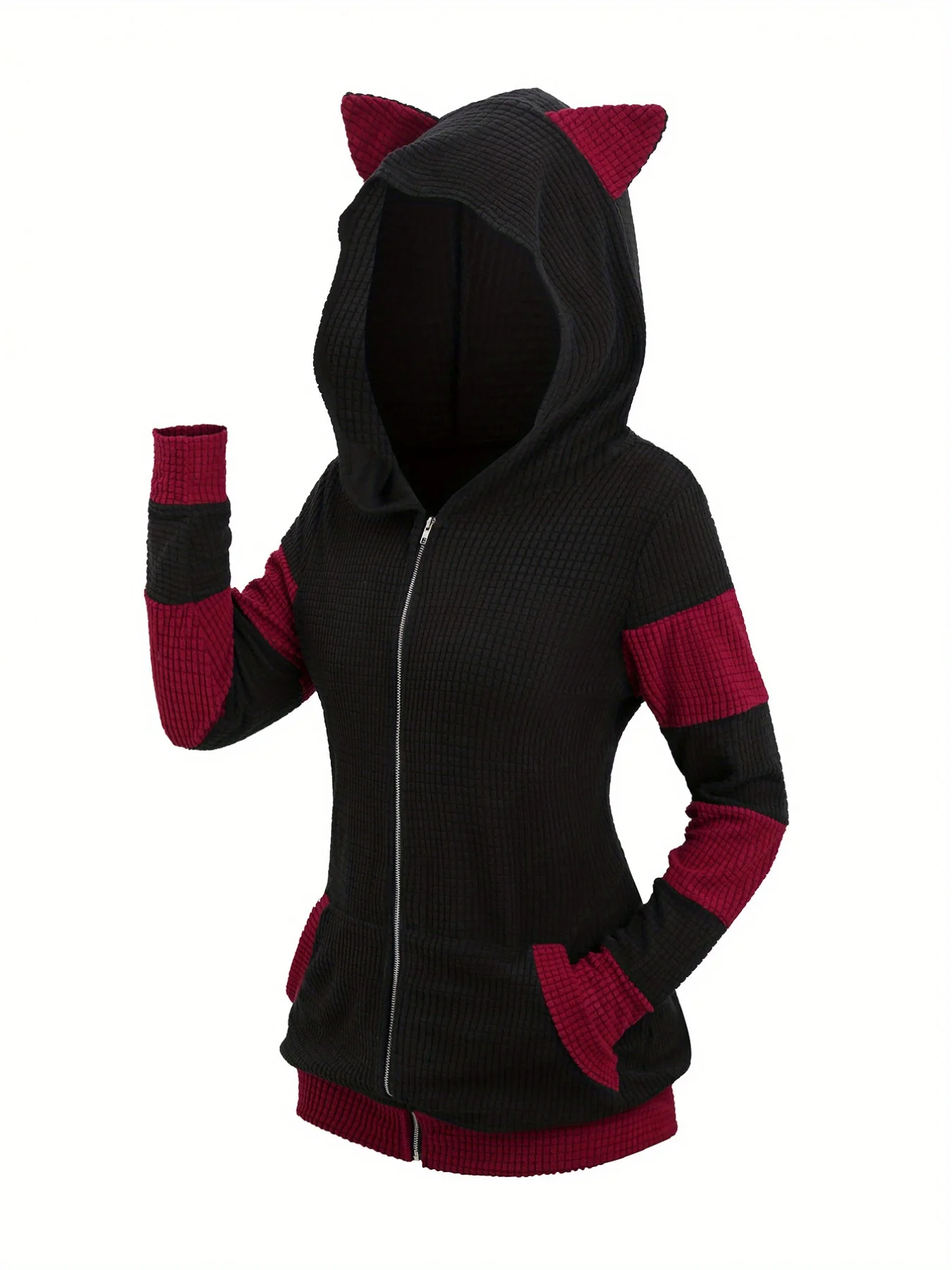 2024 European and American Fashion Women's New Thick Cat Ears in Autumn and Winter Long Color Matching Hooded Sweater Coat