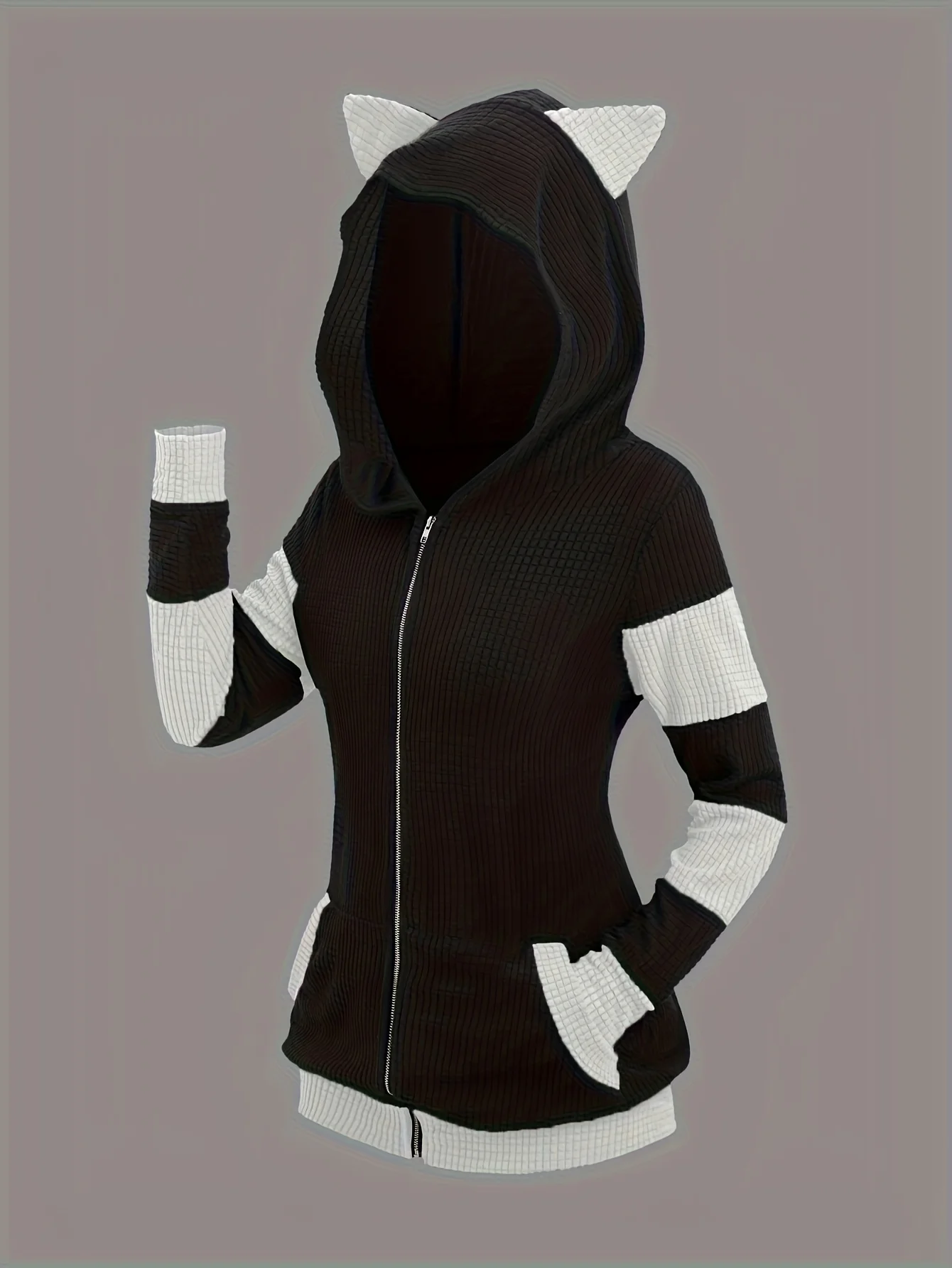 2024 European and American Fashion Women's New Thick Cat Ears in Autumn and Winter Long Color Matching Hooded Sweater Coat