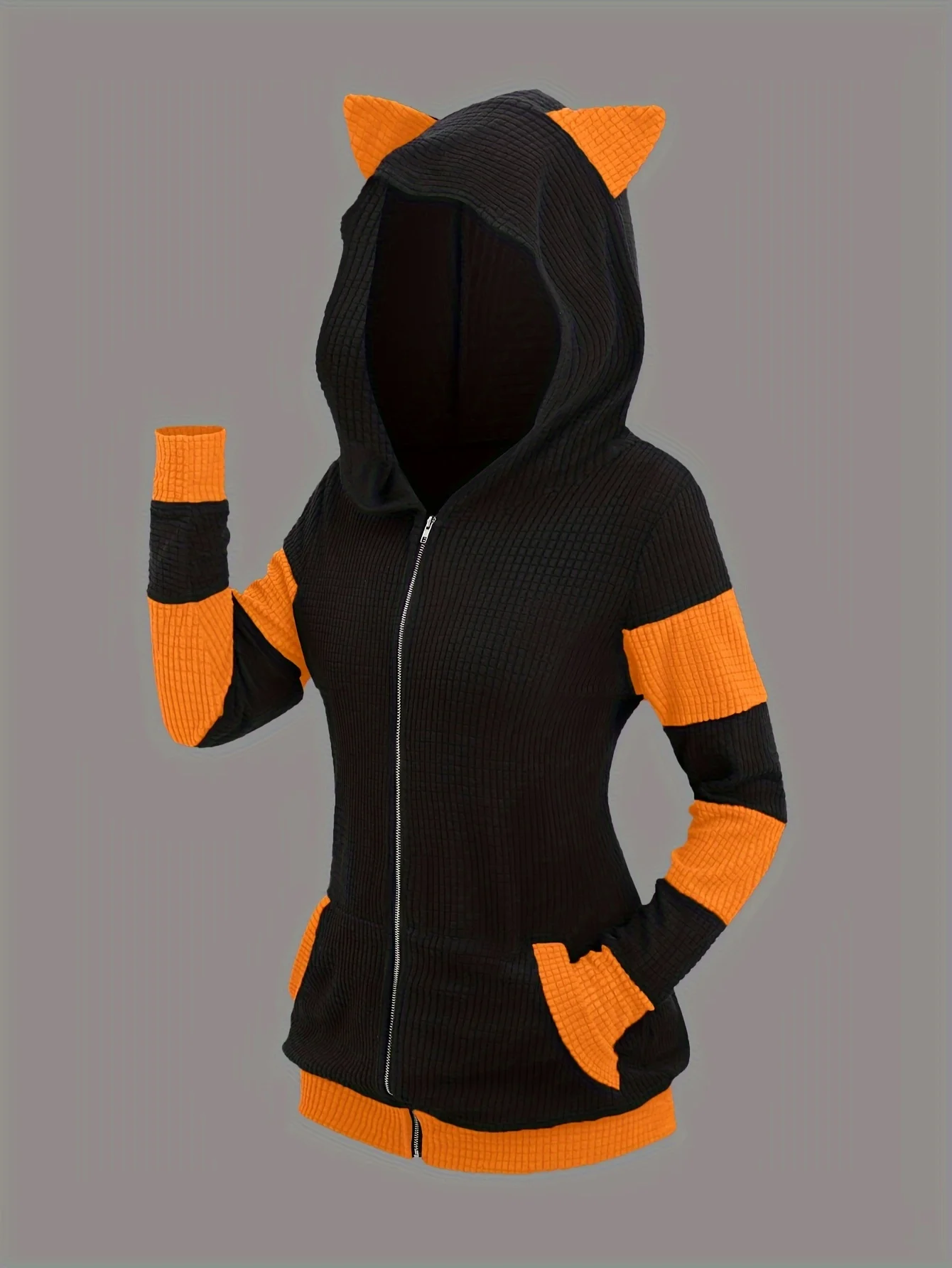 2024 European and American Fashion Women's New Thick Cat Ears in Autumn and Winter Long Color Matching Hooded Sweater Coat