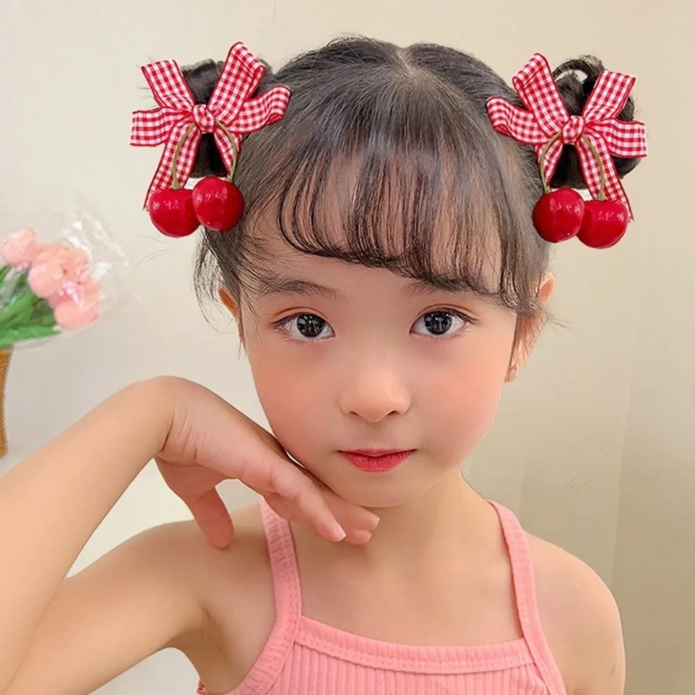 1pair Cute Red Cherry Hair Clip Barrettes Headwear Headflower Strawberry Side Hairpins Cloth Bow Bow Hairpins Girls