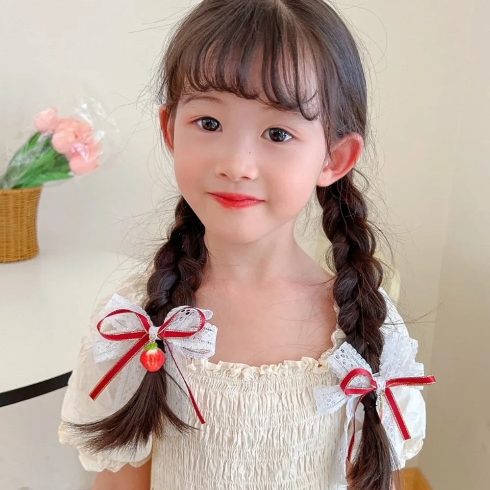 1pair Cute Red Cherry Hair Clip Barrettes Headwear Headflower Strawberry Side Hairpins Cloth Bow Bow Hairpins Girls