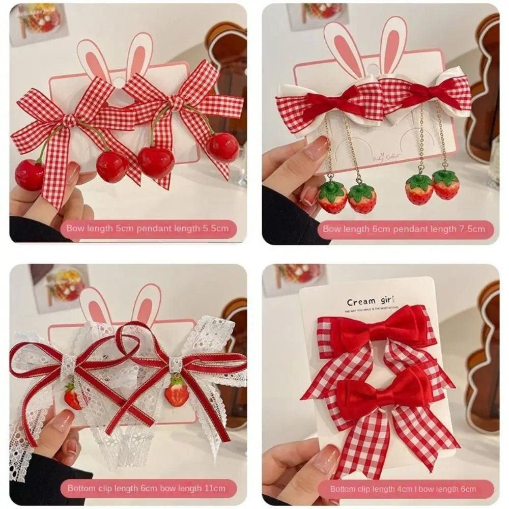 1pair Cute Red Cherry Hair Clip Barrettes Headwear Headflower Strawberry Side Hairpins Cloth Bow Bow Hairpins Girls