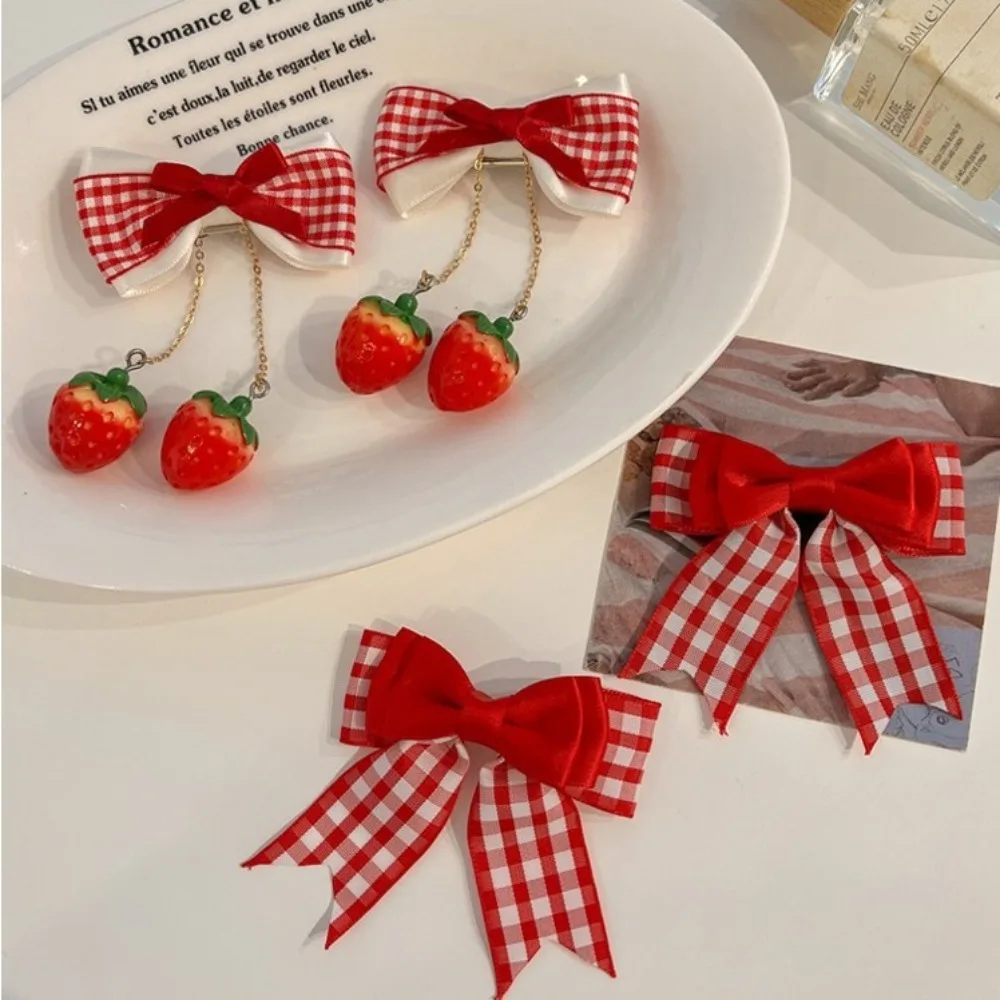 1pair Cute Red Cherry Hair Clip Barrettes Headwear Headflower Strawberry Side Hairpins Cloth Bow Bow Hairpins Girls