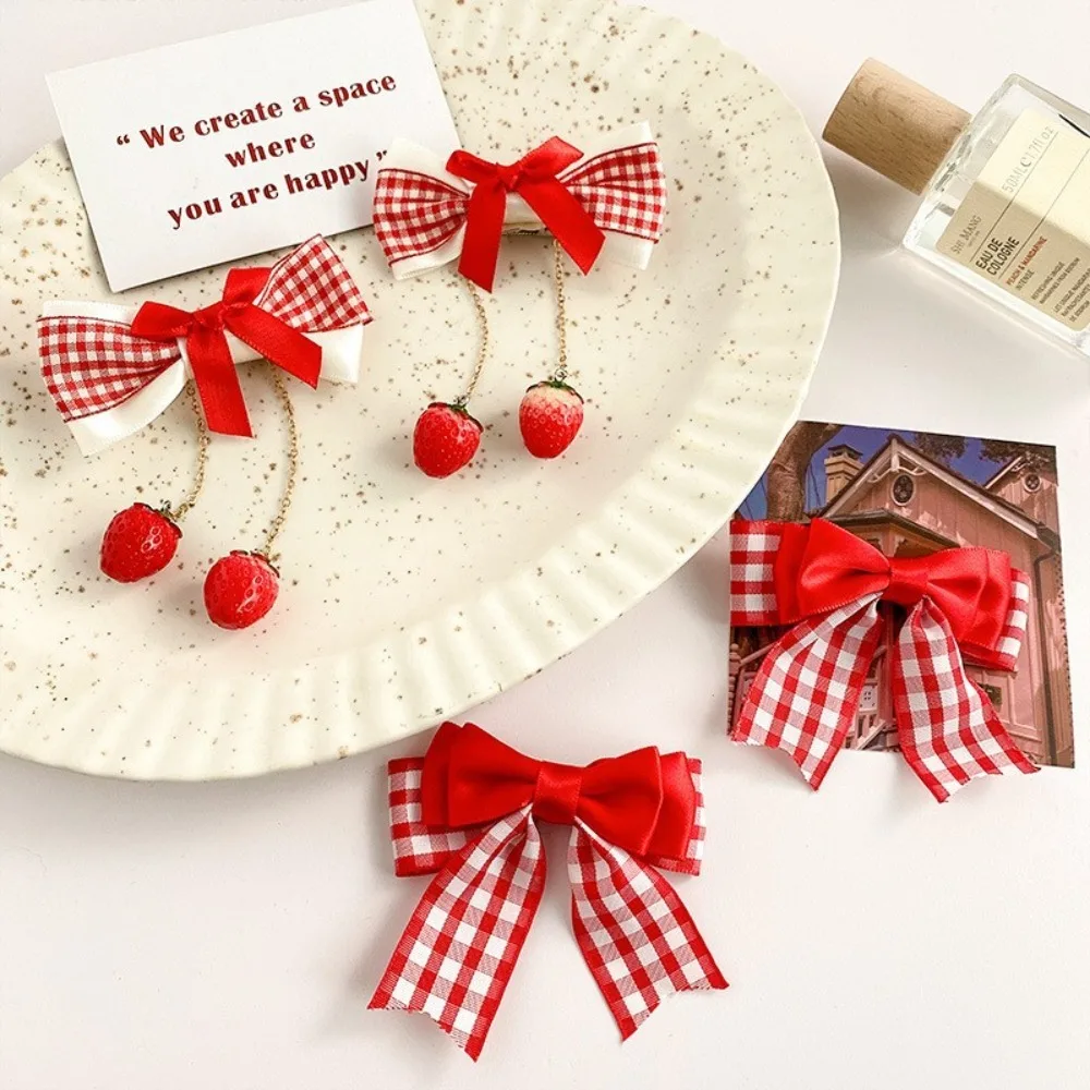 1pair Cute Red Cherry Hair Clip Barrettes Headwear Headflower Strawberry Side Hairpins Cloth Bow Bow Hairpins Girls