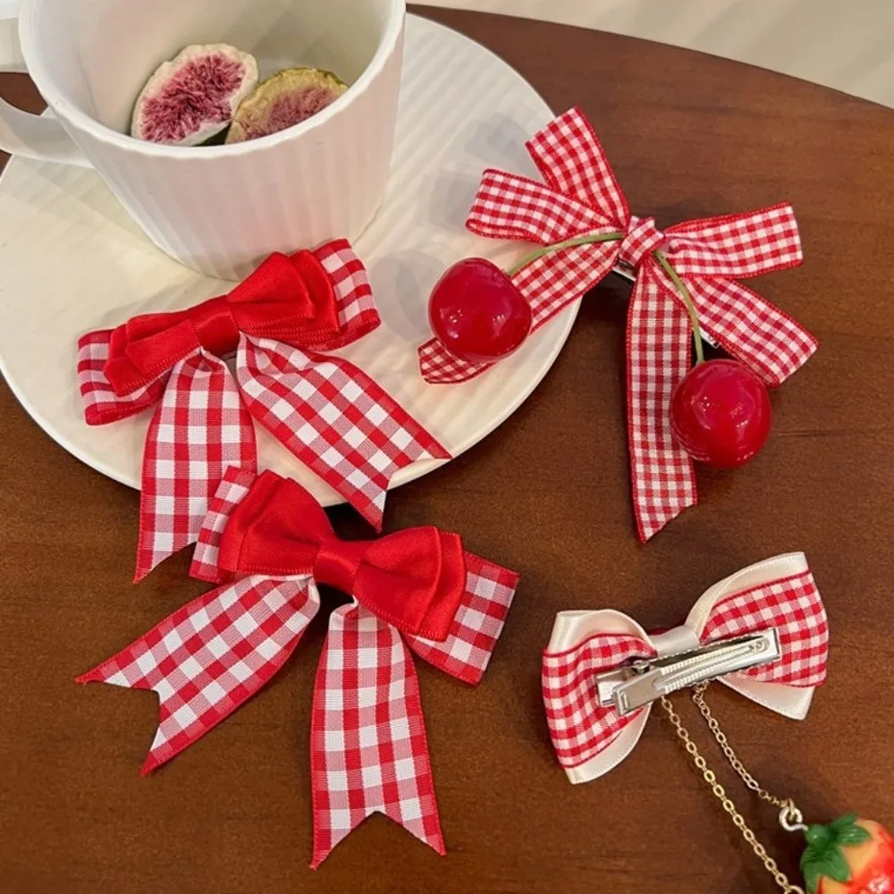 1pair Cute Red Cherry Hair Clip Barrettes Headwear Headflower Strawberry Side Hairpins Cloth Bow Bow Hairpins Girls