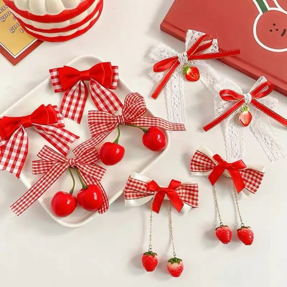 1pair Cute Red Cherry Hair Clip Barrettes Headwear Headflower Strawberry Side Hairpins Cloth Bow Bow Hairpins Girls