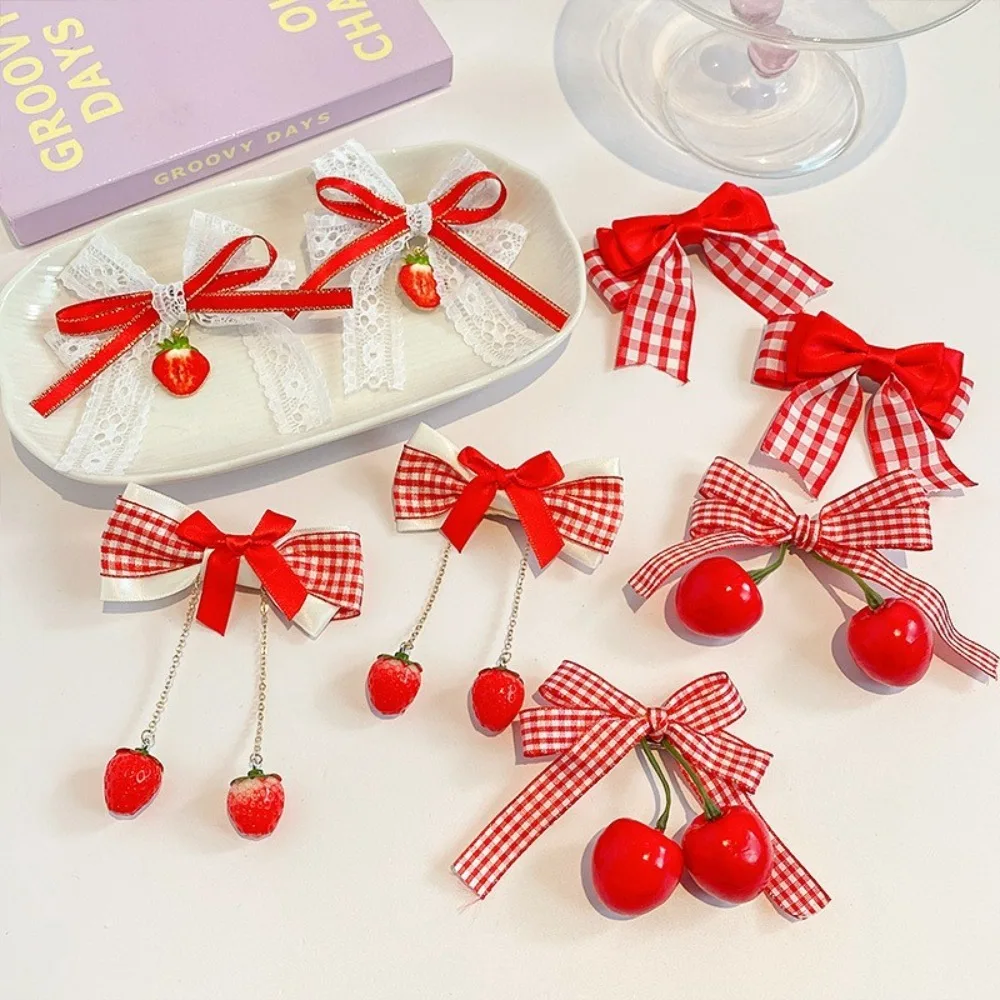 1pair Cute Red Cherry Hair Clip Barrettes Headwear Headflower Strawberry Side Hairpins Cloth Bow Bow Hairpins Girls