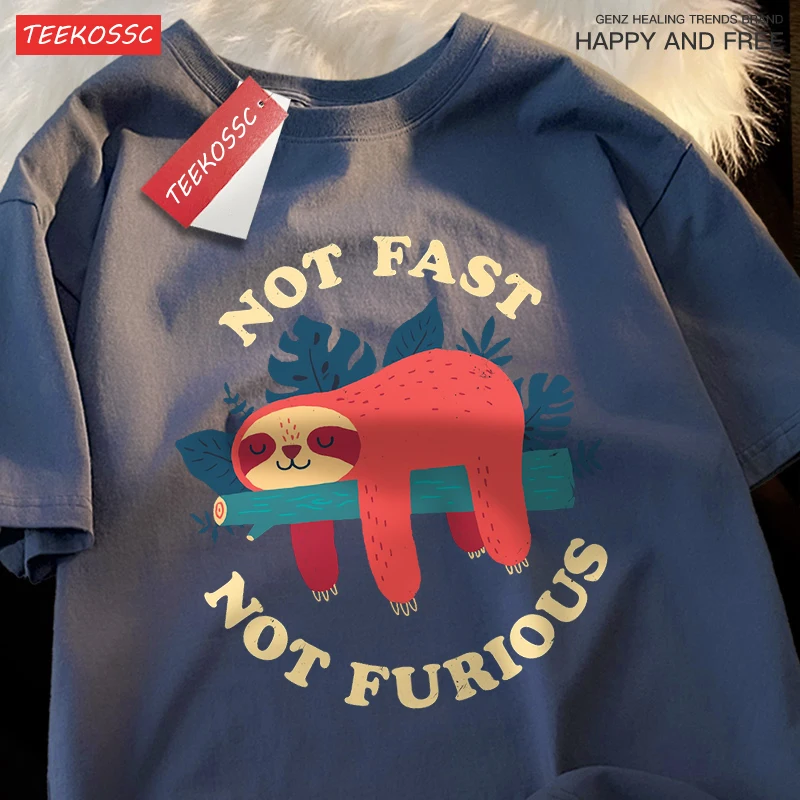 Not Fast Not Furious Cute Sloth Male T Shirts Hip Hop Crewneck Short Sleeve Summer Cotton Tops Casual Sweat Oversized T-Shirts