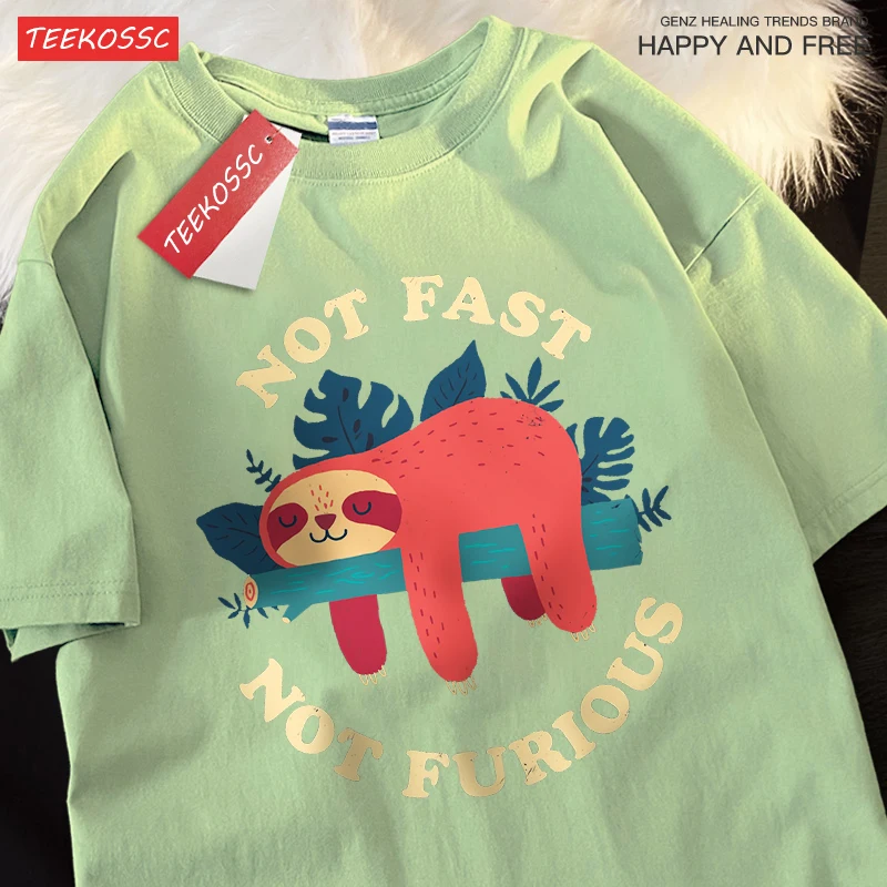 Not Fast Not Furious Cute Sloth Male T Shirts Hip Hop Crewneck Short Sleeve Summer Cotton Tops Casual Sweat Oversized T-Shirts