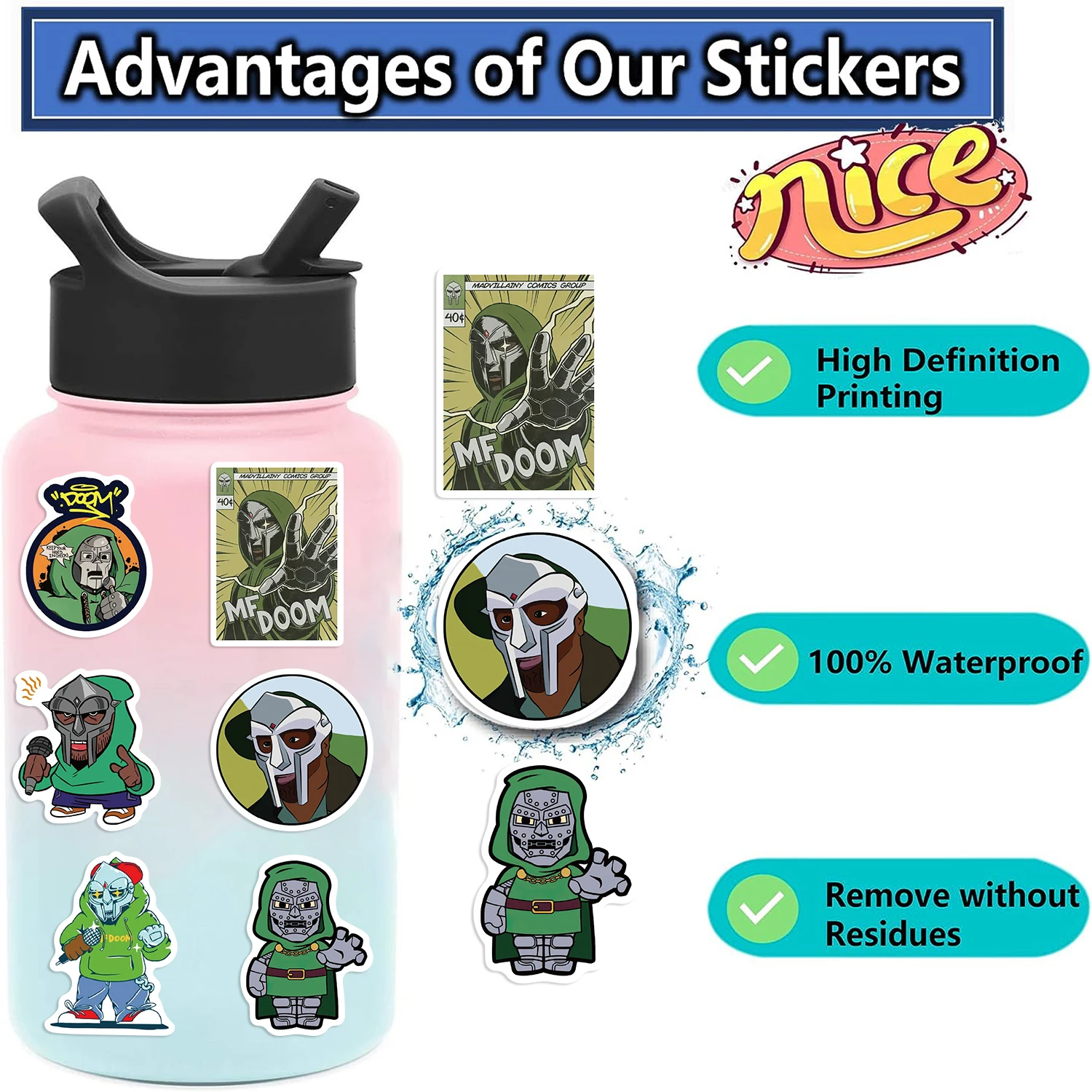 50PCS Hip Hop Rapper Mf Doom Stickers Singer Graffiti DIY Skateboard Phone Luggage Laptop Guitar Toys Decals Sticker For Fan