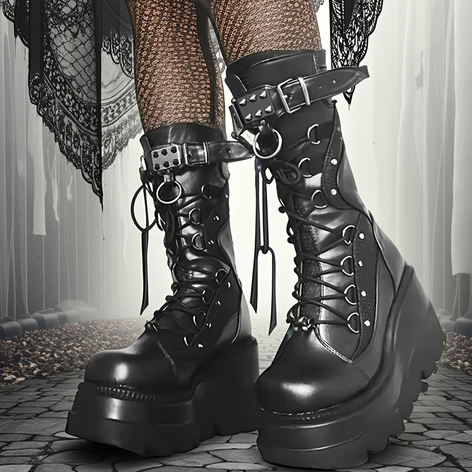 Brand New Ladies Goth Platform Boots Fashion Rivet Buckle Punk Wedges High Heels Women's Boots Party Street Cosplay Woman Shoes