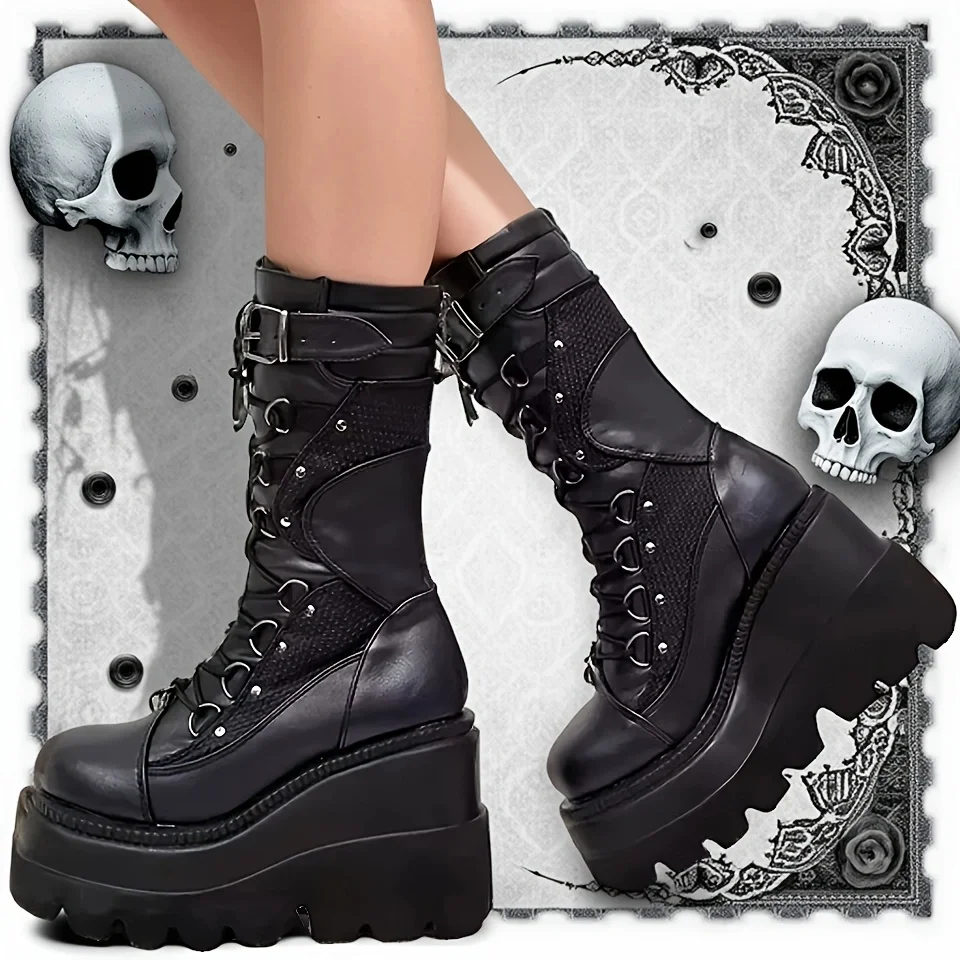 Brand New Ladies Goth Platform Boots Fashion Rivet Buckle Punk Wedges High Heels Women's Boots Party Street Cosplay Woman Shoes