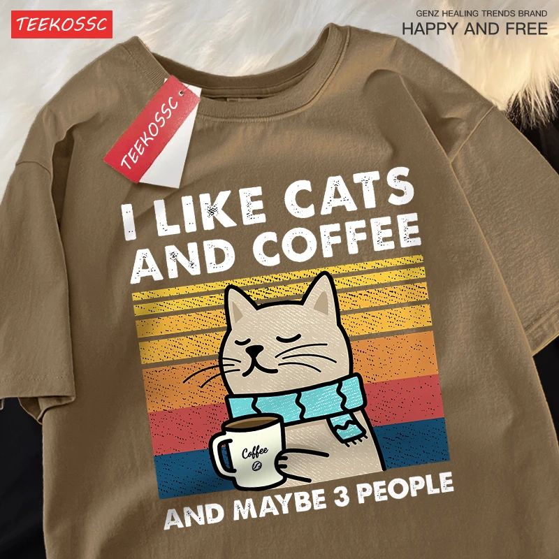 I Like Cats And Coffee Men Women T-Shirt Cotton Tee Clothes Hip Hop Loose Tshirt Fashion Crewneck T-Shirt Streetwear Couple