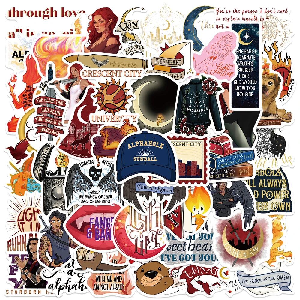 50PCS Crescent City House of Flame Romance Book Sticker Cartoon DIY Decal Diary Guitar Phone Laptop Scrapbook Booktok Sticker