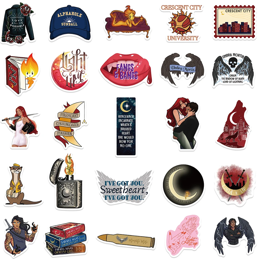 50PCS Crescent City House of Flame Romance Book Sticker Cartoon DIY Decal Diary Guitar Phone Laptop Scrapbook Booktok Sticker