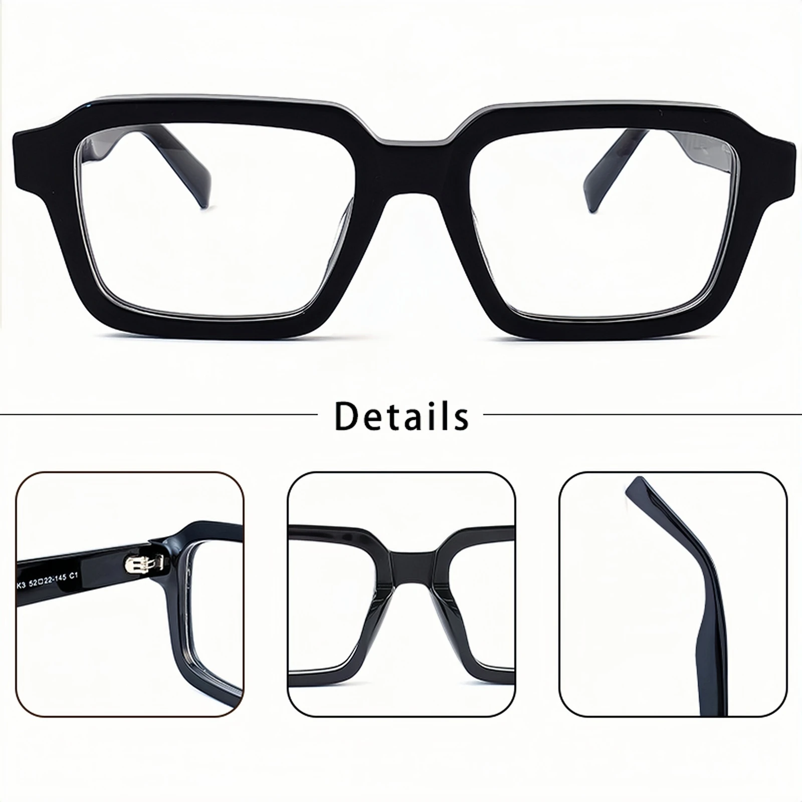 CATERSIDE Acetate Temple Large Glasses Retro Square Eyewear Transparent TAC Lens Computer Glasses Optical Eyeglasses Frame