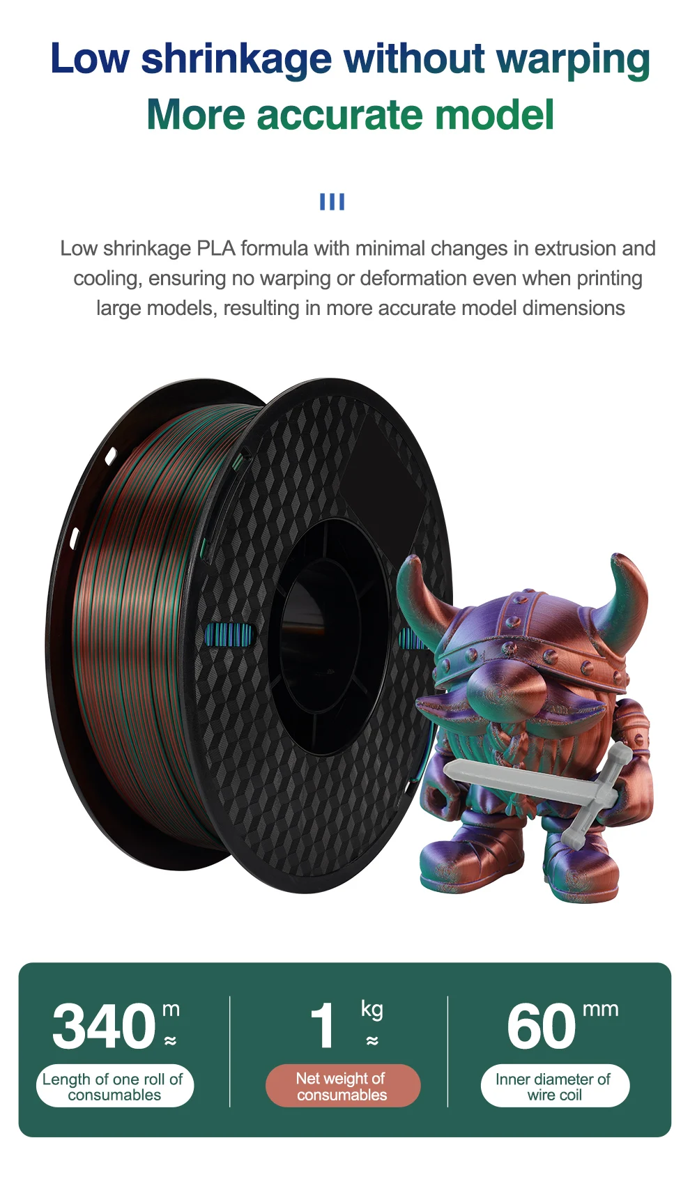 KINGROON Silk Tri-color PLA Filament 3D Printer 1.75mm 1KG/roll Silk PLA Filament Plastic Material 3D Printing Special Color