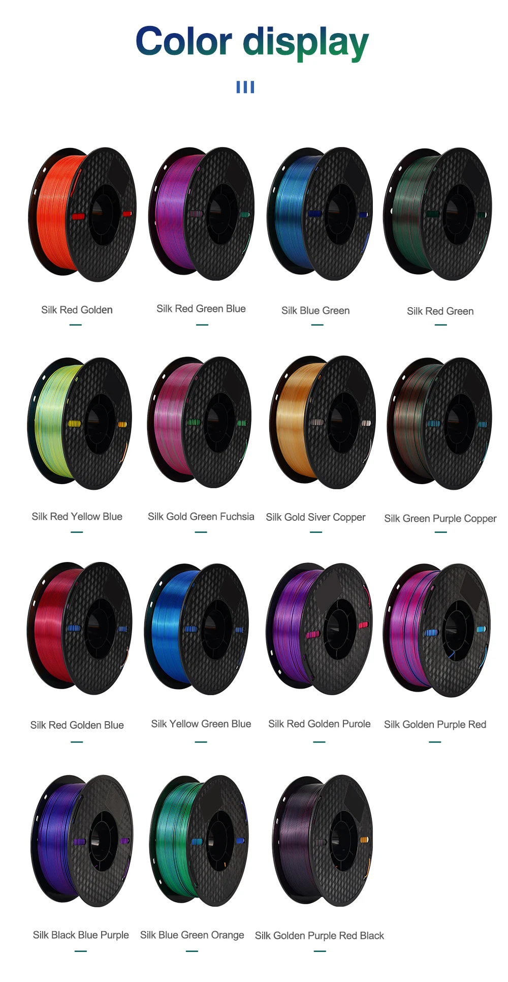 KINGROON Silk Tri-color PLA Filament 3D Printer 1.75mm 1KG/roll Silk PLA Filament Plastic Material 3D Printing Special Color