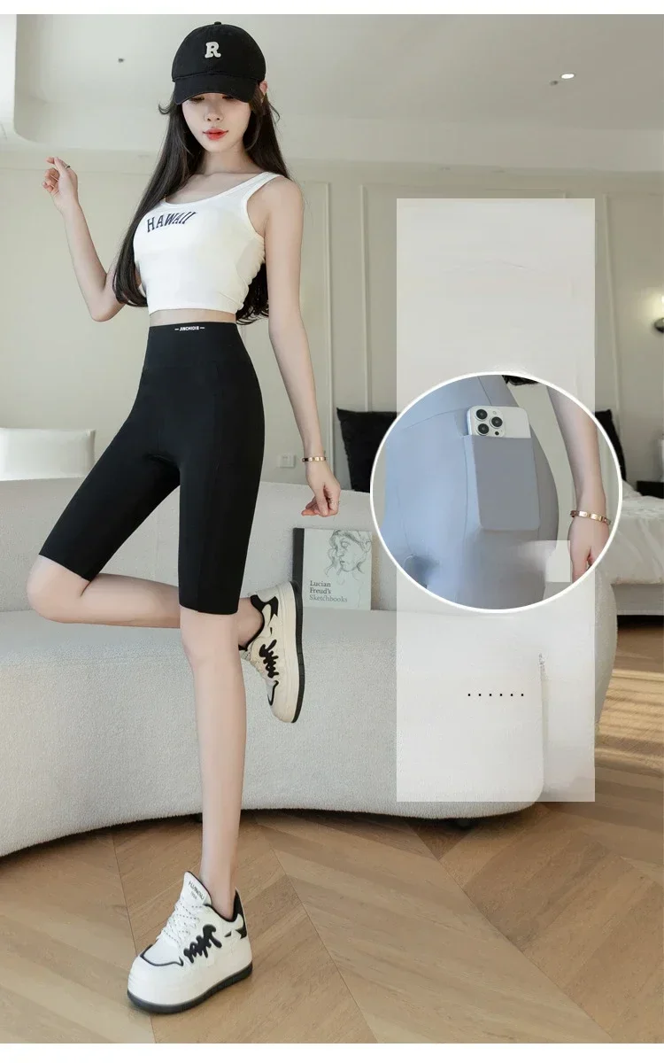 Big Size Leggings Women Sports Shark Shorts with Pocket Stretchy High Waist Hip Lift Workout  Running Quick-drying Gym Shorts
