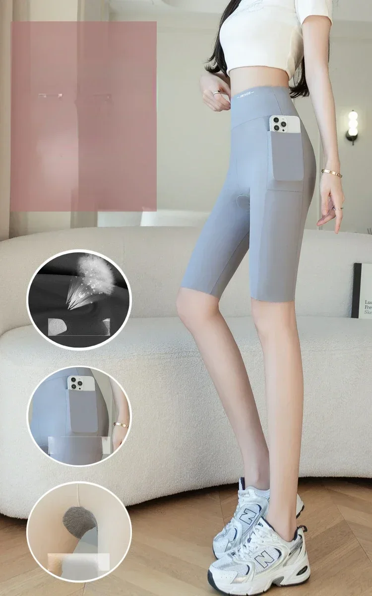 Big Size Leggings Women Sports Shark Shorts with Pocket Stretchy High Waist Hip Lift Workout  Running Quick-drying Gym Shorts