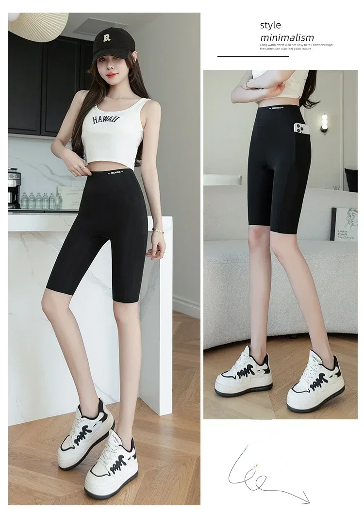 Big Size Leggings Women Sports Shark Shorts with Pocket Stretchy High Waist Hip Lift Workout  Running Quick-drying Gym Shorts