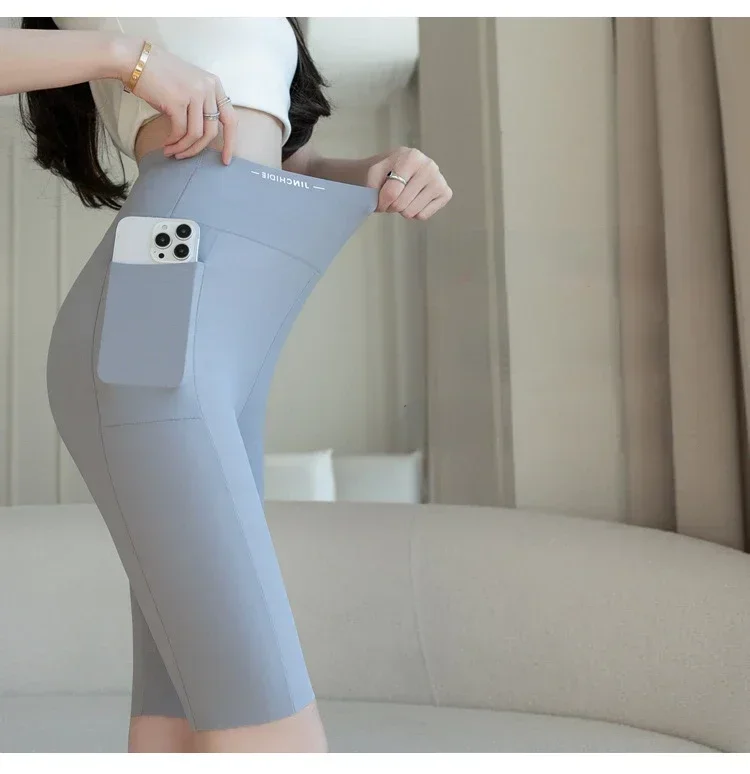 Big Size Leggings Women Sports Shark Shorts with Pocket Stretchy High Waist Hip Lift Workout  Running Quick-drying Gym Shorts