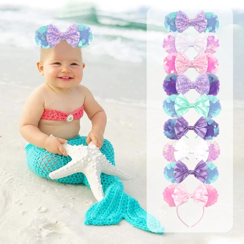 Mermaid Mouse Ears Headbands Pearl Hair Sequins 5“Bows For Women Festival Hairband Girls Hair Accessories Cosplay