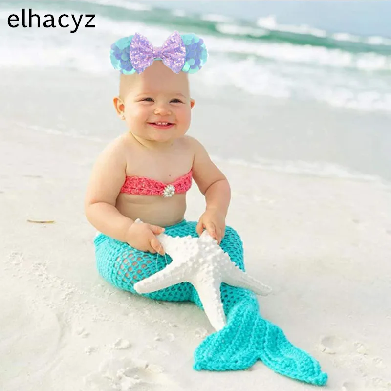 Mermaid Mouse Ears Headbands Pearl Hair Sequins 5“Bows For Women Festival Hairband Girls Hair Accessories Cosplay