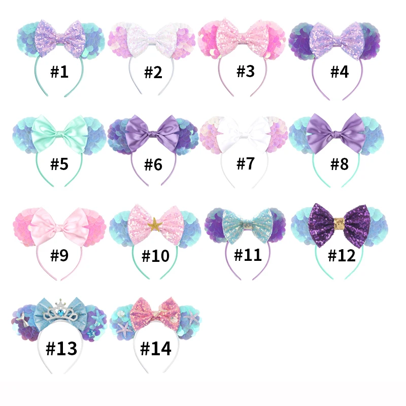 Mermaid Mouse Ears Headbands Pearl Hair Sequins 5“Bows For Women Festival Hairband Girls Hair Accessories Cosplay