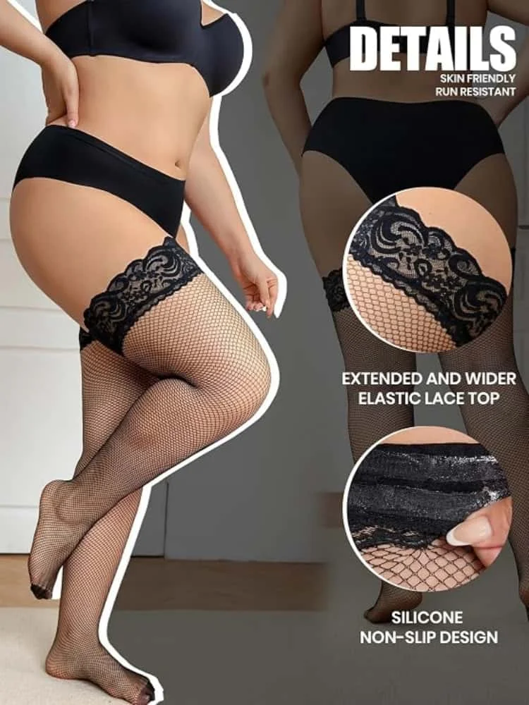 FREEAUCE Plus Size Hollow Mesh Fishnet Sexy Over Knee Thigh High Socks Black Lace Anti-slip Stockings for Oversized Women 3XXXL