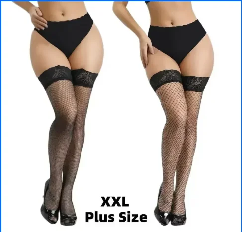 FREEAUCE Plus Size Hollow Mesh Fishnet Sexy Over Knee Thigh High Socks Black Lace Anti-slip Stockings for Oversized Women 3XXXL