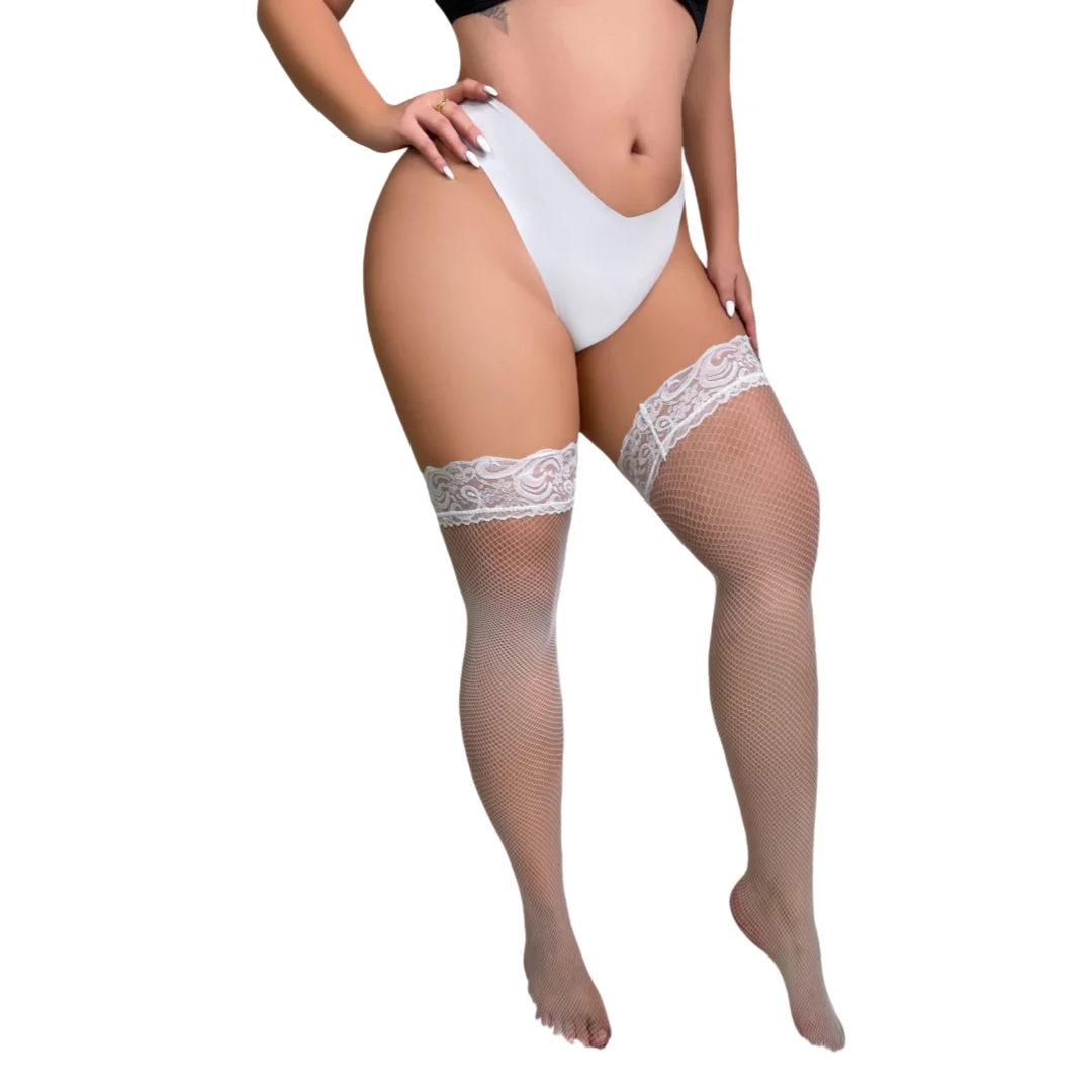 FREEAUCE Plus Size Hollow Mesh Fishnet Sexy Over Knee Thigh High Socks Black Lace Anti-slip Stockings for Oversized Women 3XXXL