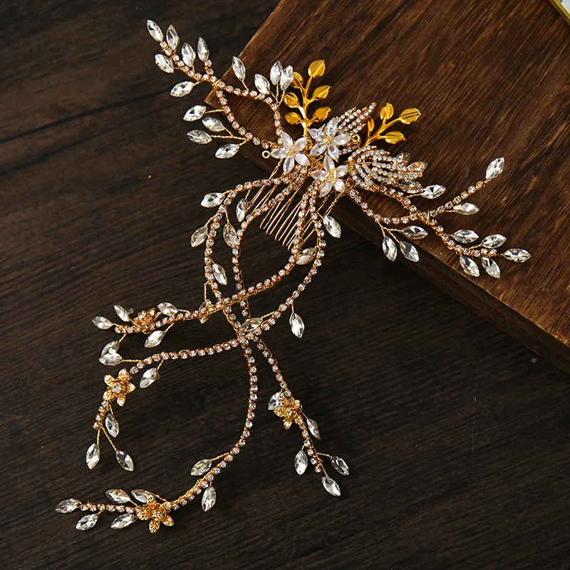 Luxury Bridal Hair Comb Long Chain Rhinestone Headress Gold Silver Flower Headband Wedding Jewelry Crystal Headpiece Ornaments