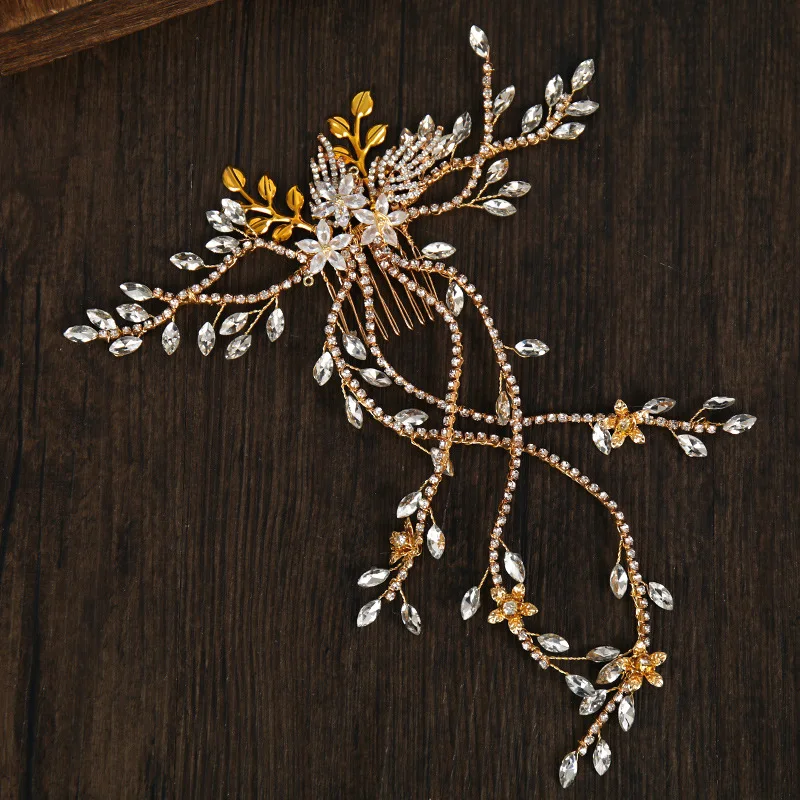 Luxury Bridal Hair Comb Long Chain Rhinestone Headress Gold Silver Flower Headband Wedding Jewelry Crystal Headpiece Ornaments