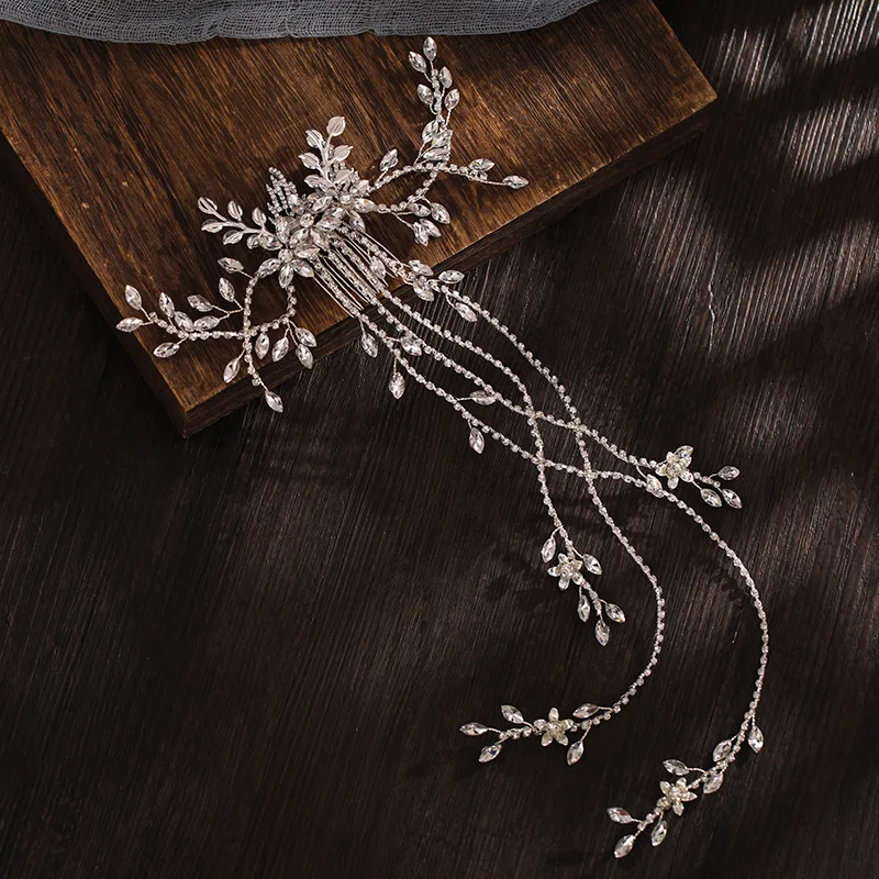 Luxury Bridal Hair Comb Long Chain Rhinestone Headress Gold Silver Flower Headband Wedding Jewelry Crystal Headpiece Ornaments