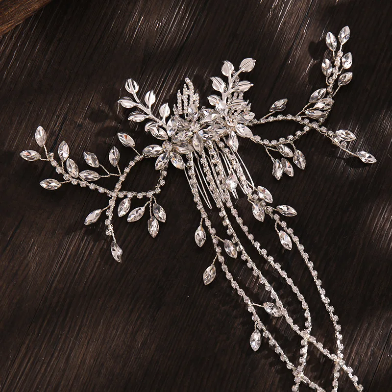Luxury Bridal Hair Comb Long Chain Rhinestone Headress Gold Silver Flower Headband Wedding Jewelry Crystal Headpiece Ornaments