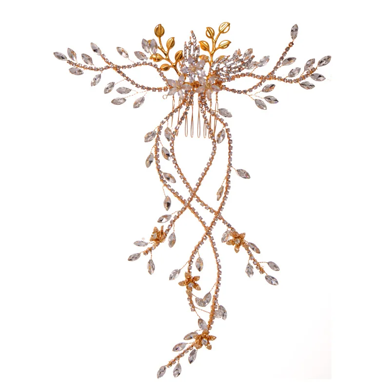 Luxury Bridal Hair Comb Long Chain Rhinestone Headress Gold Silver Flower Headband Wedding Jewelry Crystal Headpiece Ornaments