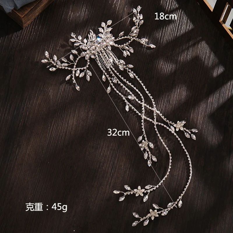 Luxury Bridal Hair Comb Long Chain Rhinestone Headress Gold Silver Flower Headband Wedding Jewelry Crystal Headpiece Ornaments