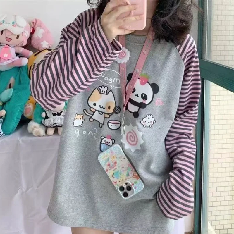Japan Kawaii Sweet Women T-Shirt O-Neck Stripe Patchwork Long Sleeve Cartoon Print Loose Pullover Casual Cute Top Youth Vitality