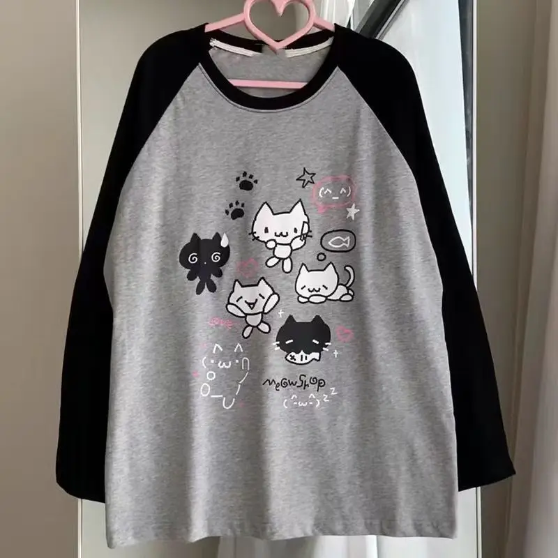 Japan Kawaii Sweet Women T-Shirt O-Neck Stripe Patchwork Long Sleeve Cartoon Print Loose Pullover Casual Cute Top Youth Vitality
