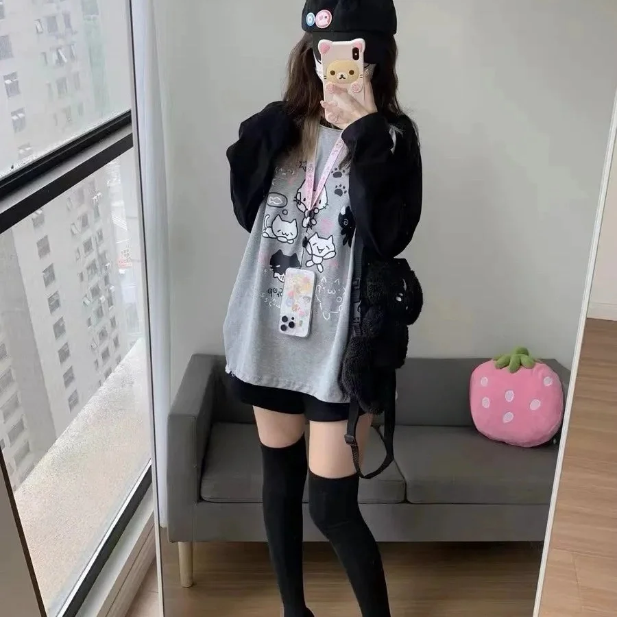 Japan Kawaii Sweet Women T-Shirt O-Neck Stripe Patchwork Long Sleeve Cartoon Print Loose Pullover Casual Cute Top Youth Vitality