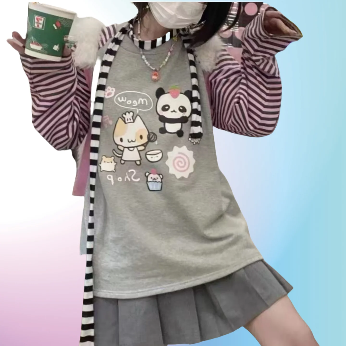 Japan Kawaii Sweet Women T-Shirt O-Neck Stripe Patchwork Long Sleeve Cartoon Print Loose Pullover Casual Cute Top Youth Vitality