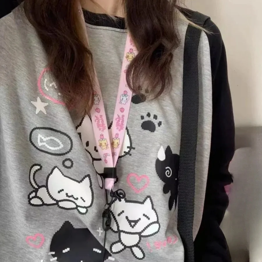 Japan Kawaii Sweet Women T-Shirt O-Neck Stripe Patchwork Long Sleeve Cartoon Print Loose Pullover Casual Cute Top Youth Vitality