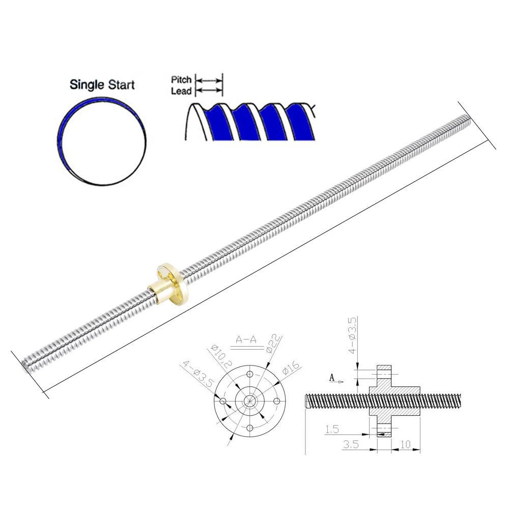 T8 Lead Screw with Brass Nut OD 8mm Lead 2mm Pitch 2mm 100-500mm Polished Threaded Rod for 3D Printer CNC Reprap Z Axis Linear