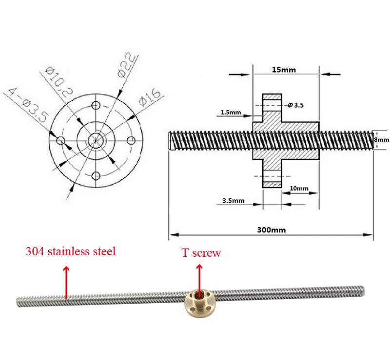 T8 Lead Screw with Brass Nut OD 8mm Lead 2mm Pitch 2mm 100-500mm Polished Threaded Rod for 3D Printer CNC Reprap Z Axis Linear