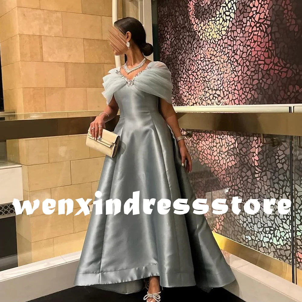 CustomizedDubai Evening Caftan Dress Short Sleeves Satin V Neck Straight Tea Length Pleats Panel Train Beading Crystal Party Gow